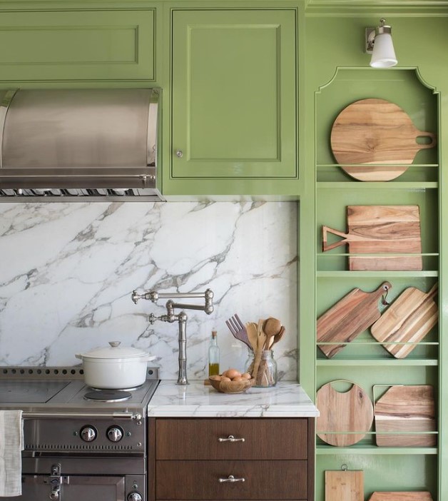 Bright Sage Green Cabinets with Designer Backsplash