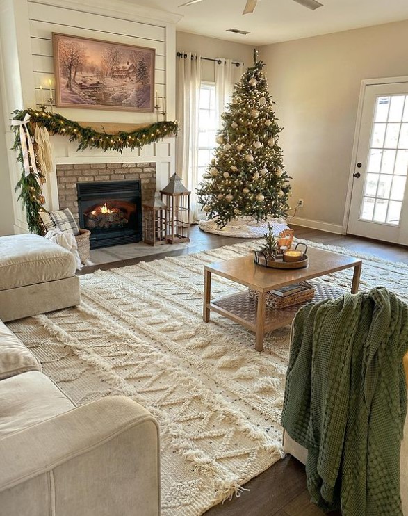 Gold and Green Christmas Tree with Beige Living Area