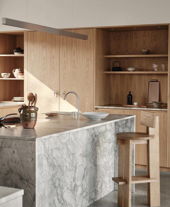 Marble Island with Wooden Cabinetry