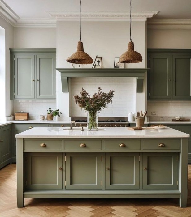 Rustic Pendant Lights With Green Cabinets