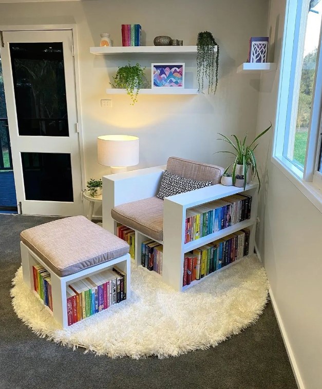 Small Reading corner with Under Table and Chair Book Storage