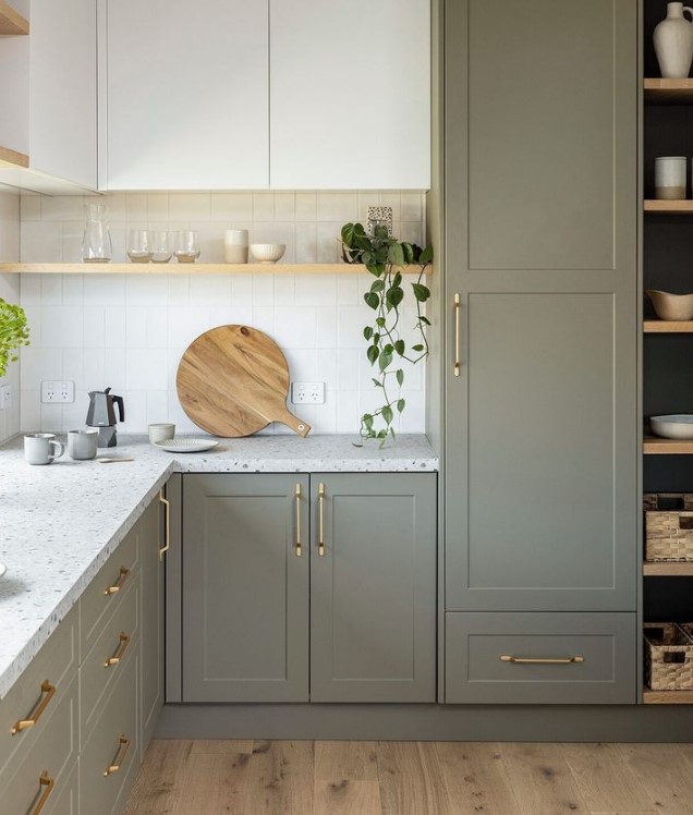 Two Tone Kitchen With Sage Green kitchen cabinets