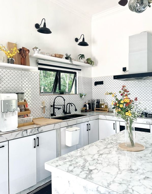 White Kitchen wth Blacl Fixtures