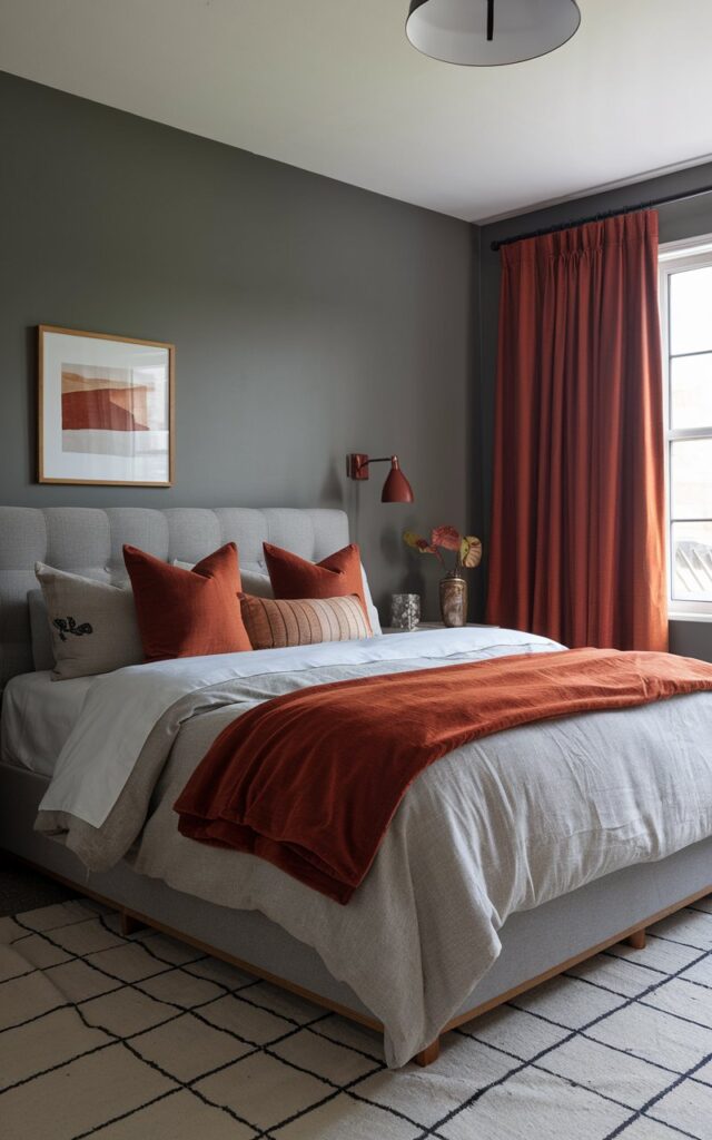 A gray bedroom with rust-colored decor blends modern elegance with warm, earthy tones