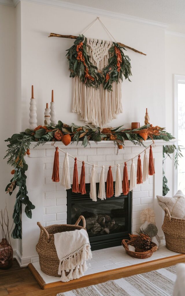 bohemian-inspired holiday mantel with macramé, dried flowers, and natural greenery. Add touches of burnt orange, deep green, and white to keep it festive yet relaxed.