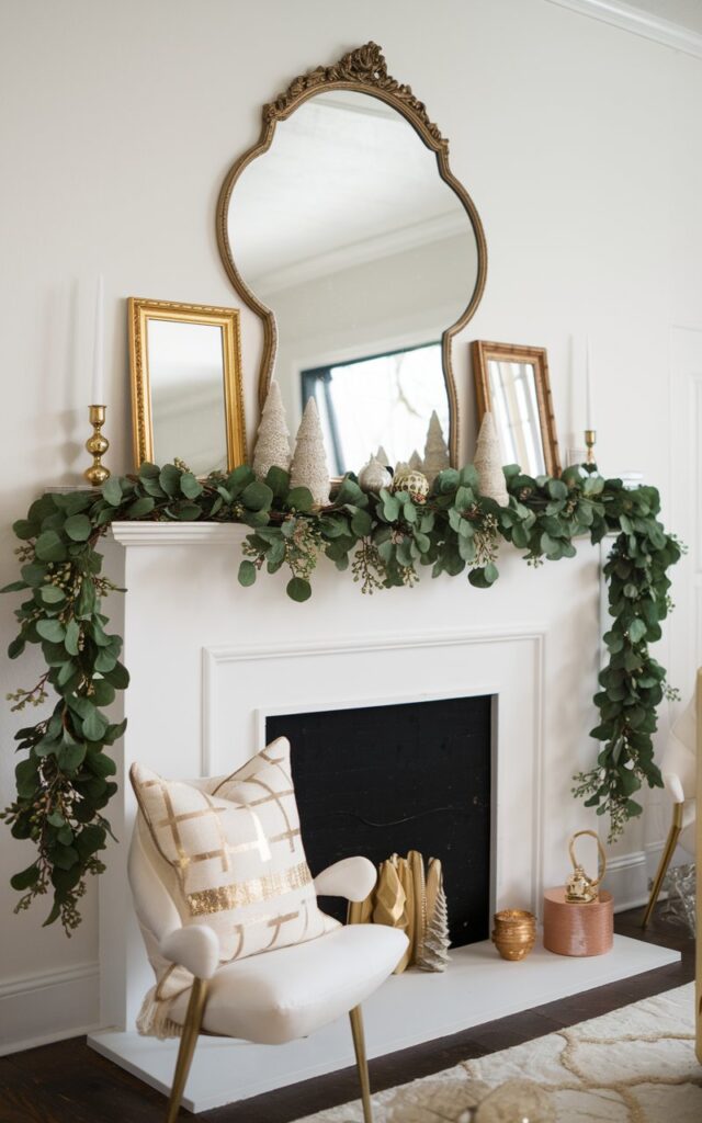 Bring luxury to your mantel with chic gold accents paired with deep green garlands. Use gold candleholders, framed mirrors, and small metallic ornaments for a modern glam effect. 