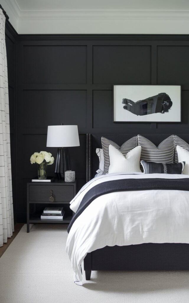 Charcoal gray walls create a dramatic, moody vibe, which is beautifully complemented by the crisp, fresh feel of white accents.