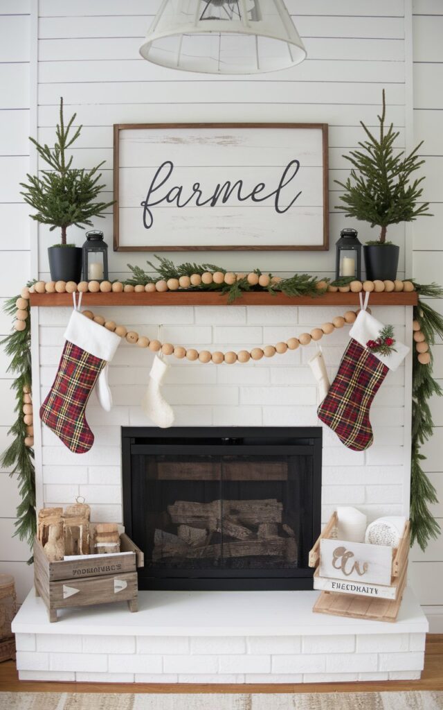 farmhouse vibe with wooden bead garlands, simple greenery, and plaid stockings.