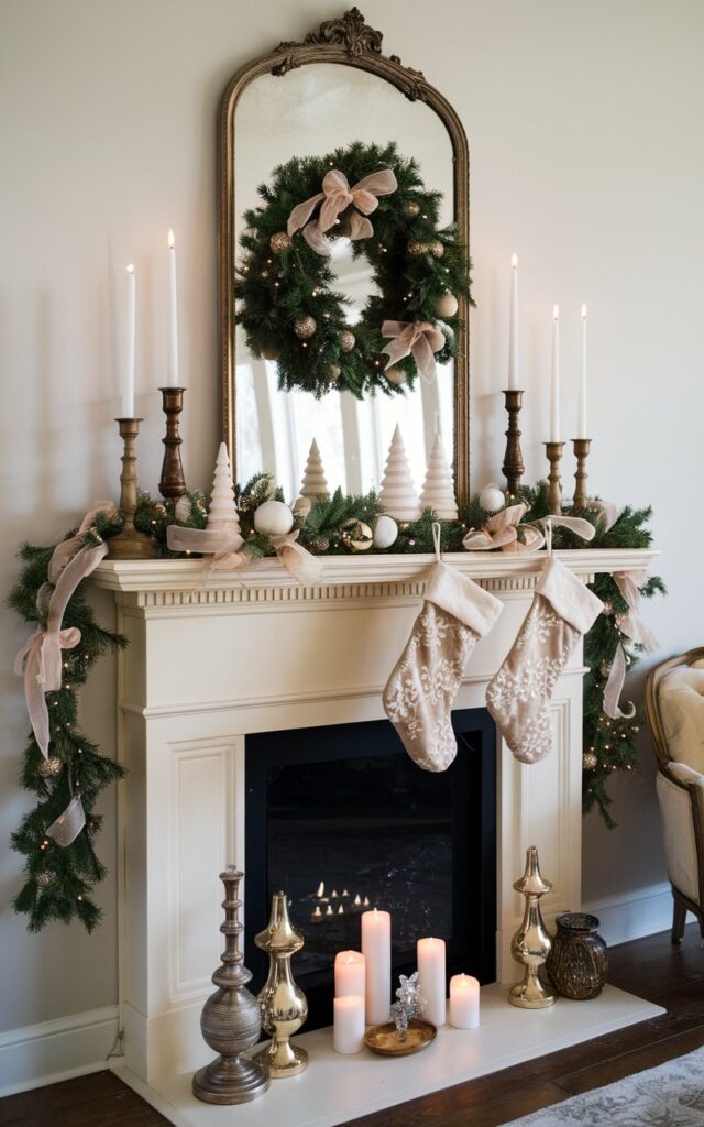 Give your mantel a touch of vintage elegance with antique candlesticks, soft garlands, and velvet ribbon