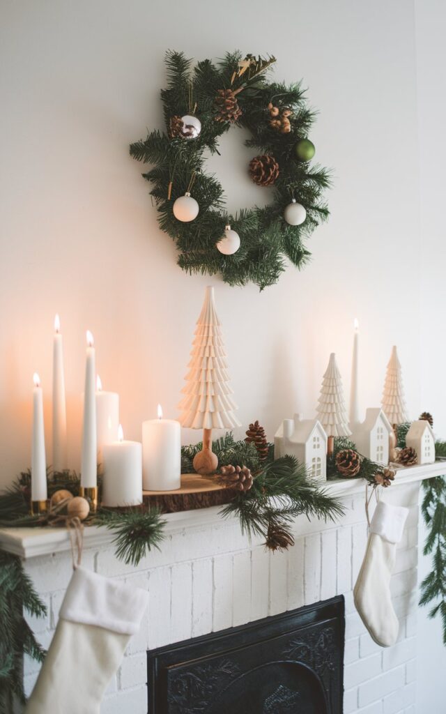 Go for a Scandinavian vibe with simple pine garlands, wooden ornaments, and white candles