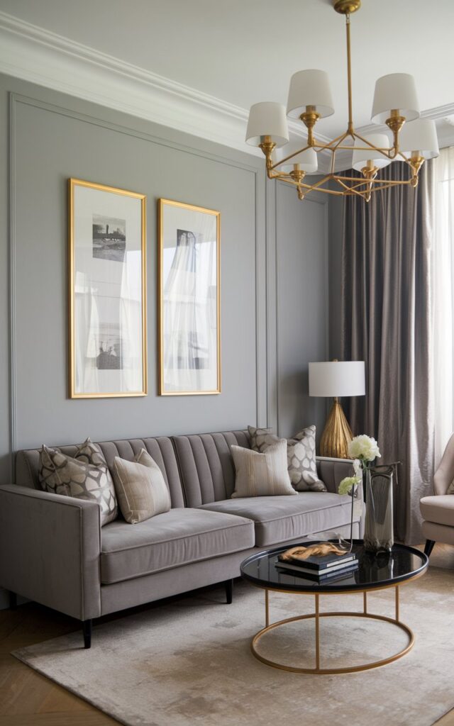 Gray tones serve as the perfect neutral backdrop for luxurious gold accents, which can be incorporated through decor, lamps, or picture frames.