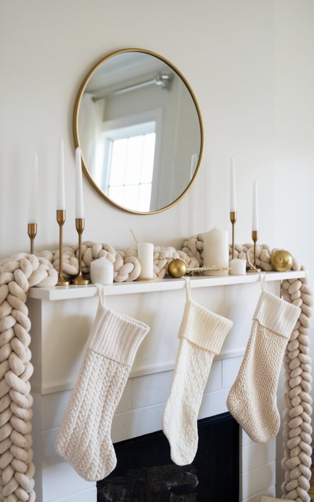 Keep it cozy yet minimal with a few well-placed pieces, such as a chunky knit garland and white taper candles. Balance it with a few modern metallic elements