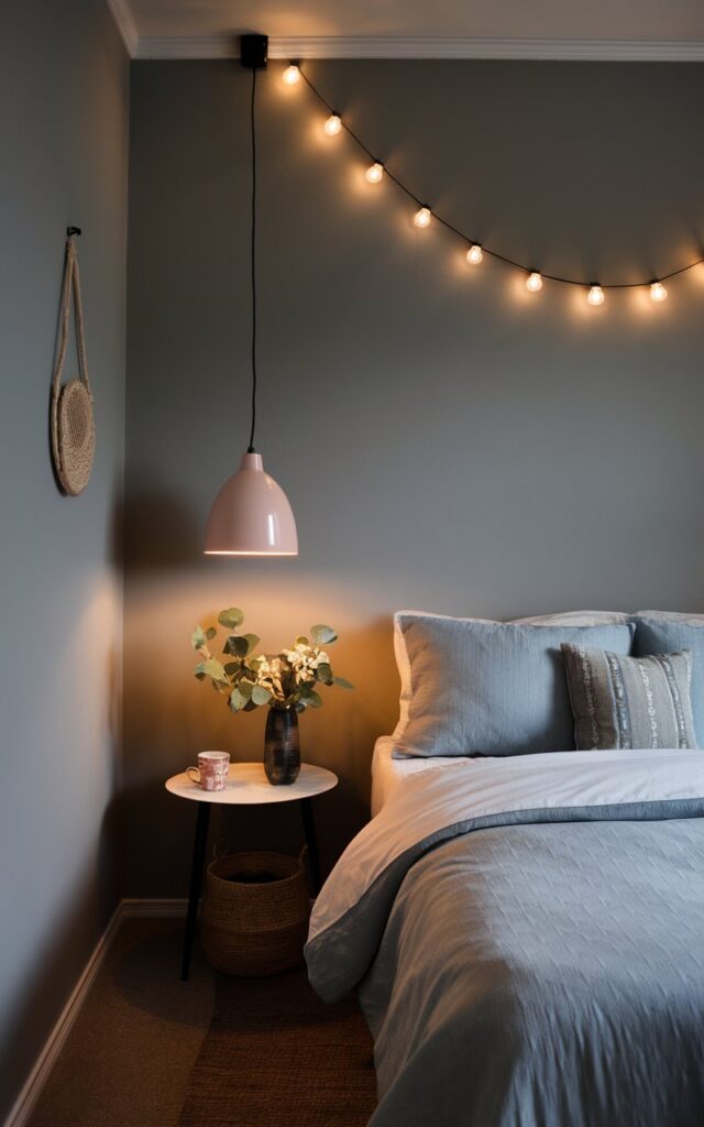 Soft, warm lighting can transform a gray bedroom into a cozy haven.