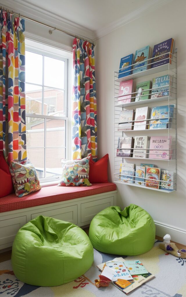 Window Reading Corner With Colorful Cushions and Bean Bags