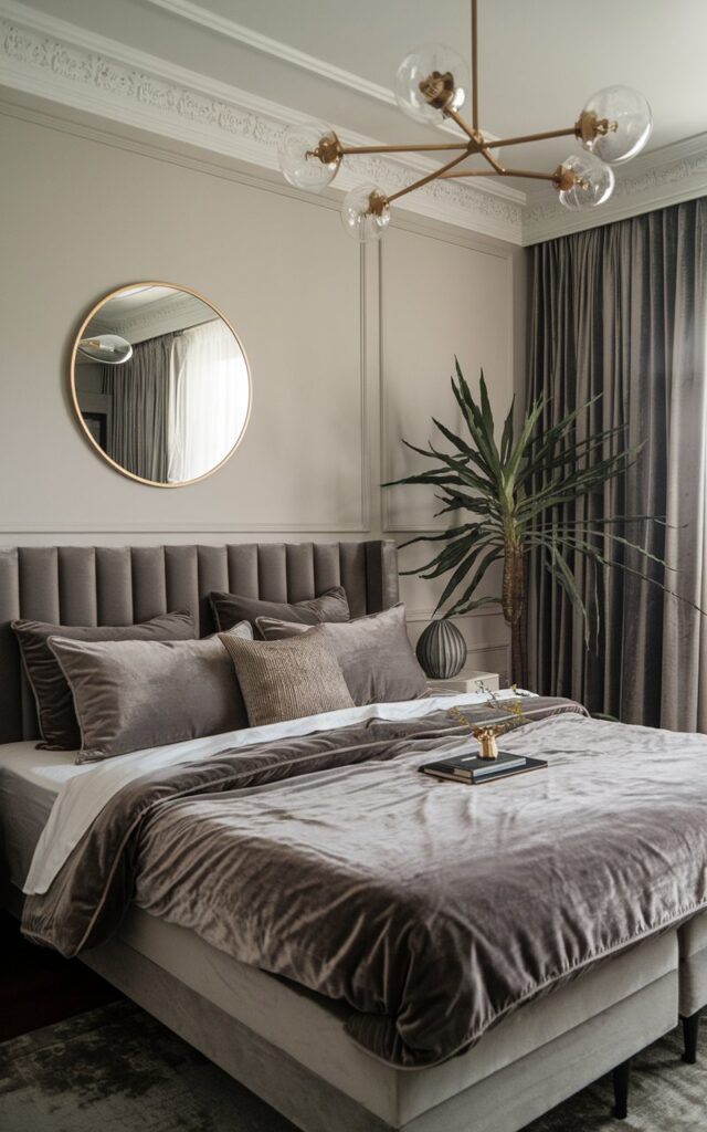 Velvet gray bedding or throws add a touch of luxury to the room, giving it a soft, opulent texture. 