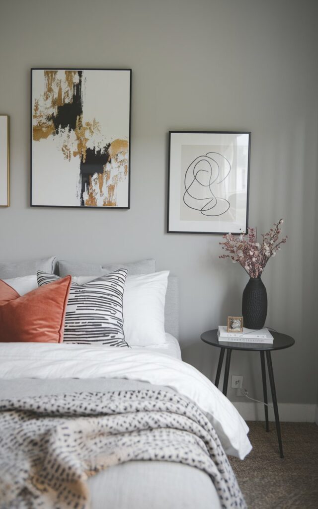 Wall art for a gray bedroom can enhance its aesthetic while complementing its calming tones.